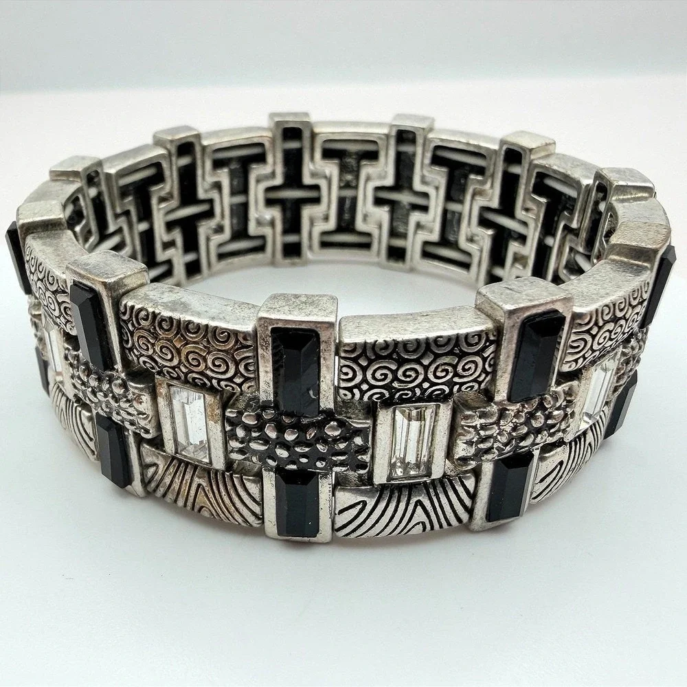 Vintage 90s‎ Silver Tone Black Glass Textured Stretch Bracelet Women's Jewelry